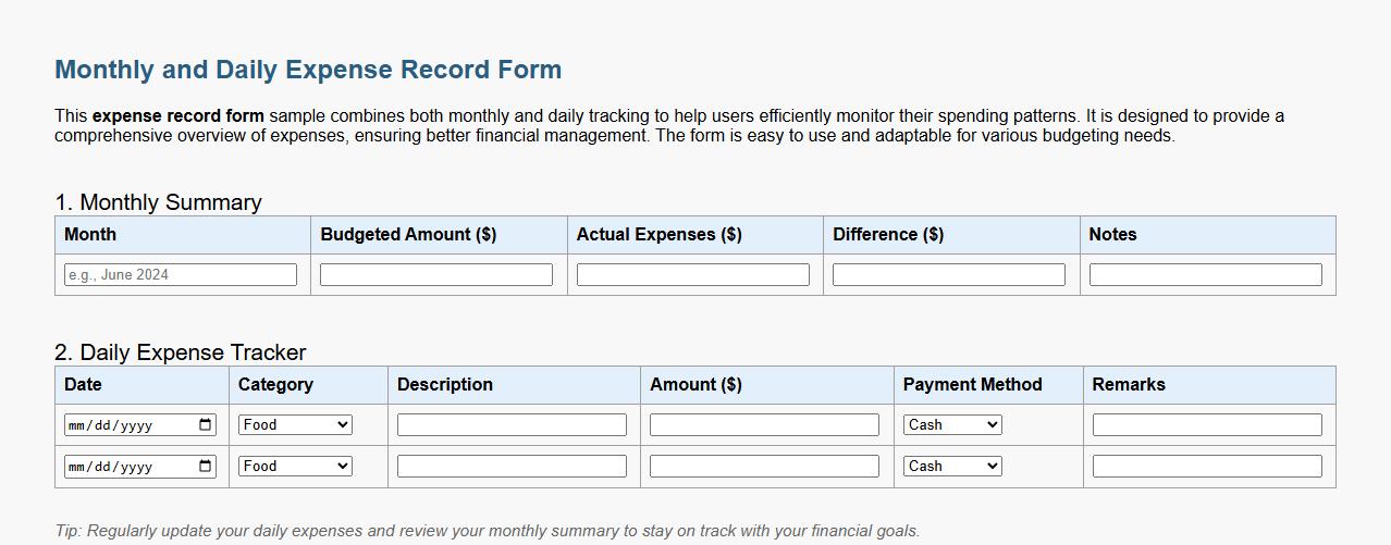 Monthly and daily expense record form sample combined image preview