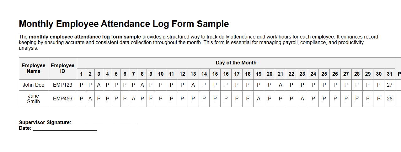 Monthly employee attendance log form sample image preview