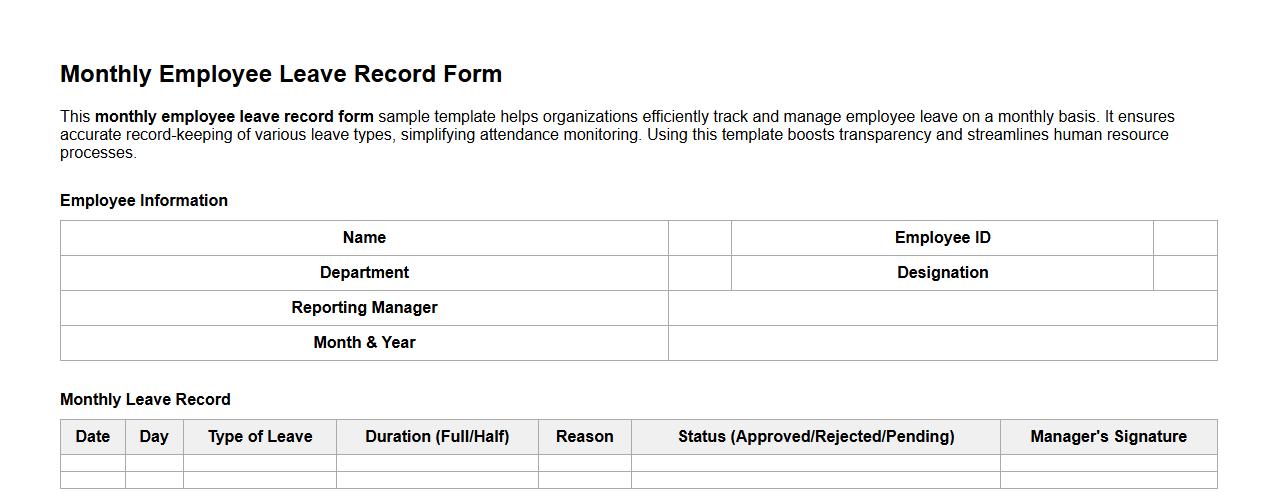 monthly employee leave record form sample template image preview