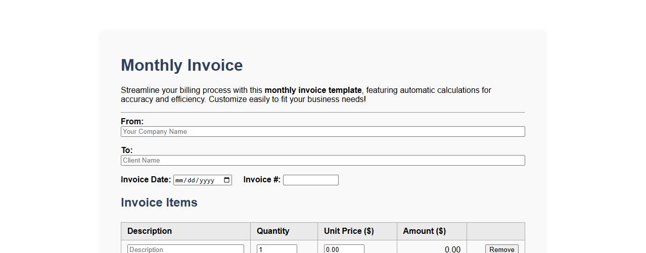 Monthly invoice template with automatic calculations image preview