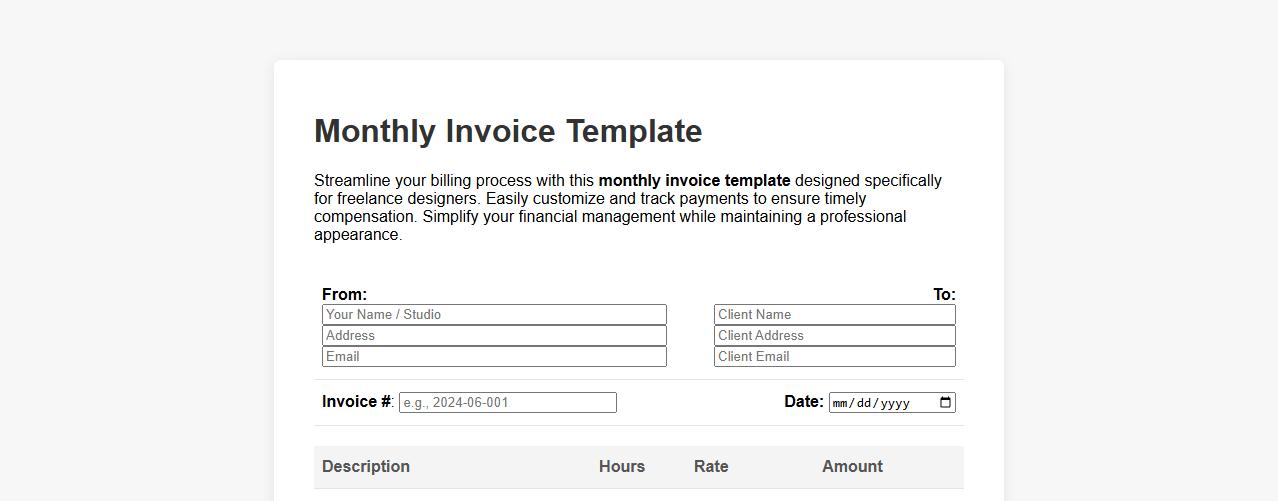 Monthly invoice template for freelance designers image preview