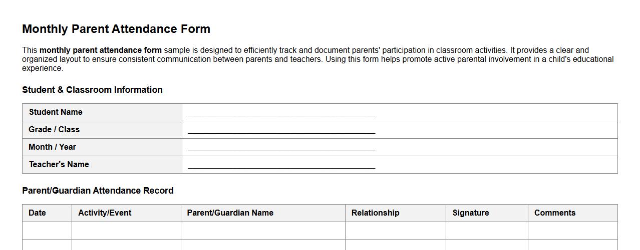 monthly parent attendance form sample for classroom activities image preview