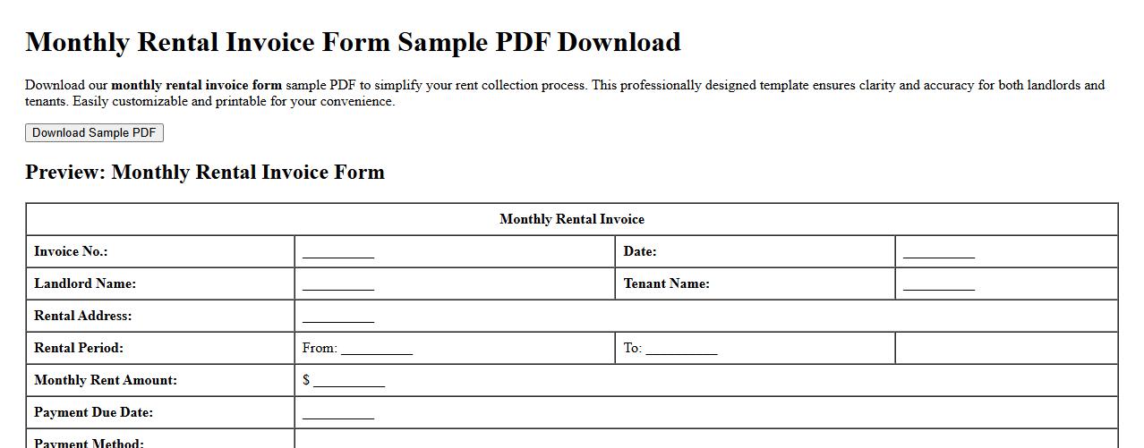 monthly rental invoice form sample pdf download image preview