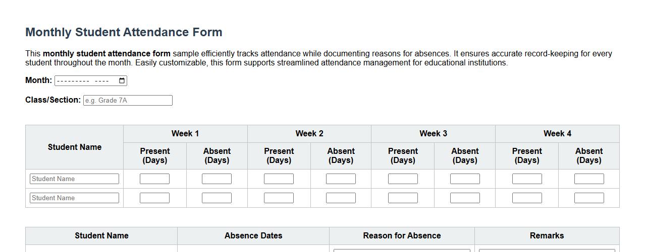 Monthly student attendance form sample with absence reason image preview