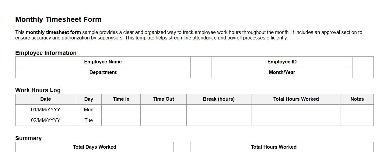 Monthly timesheet form sample with approval section image preview