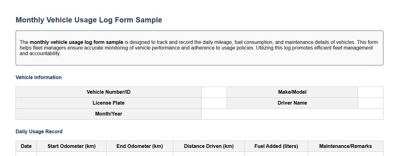 monthly vehicle usage log form sample image preview