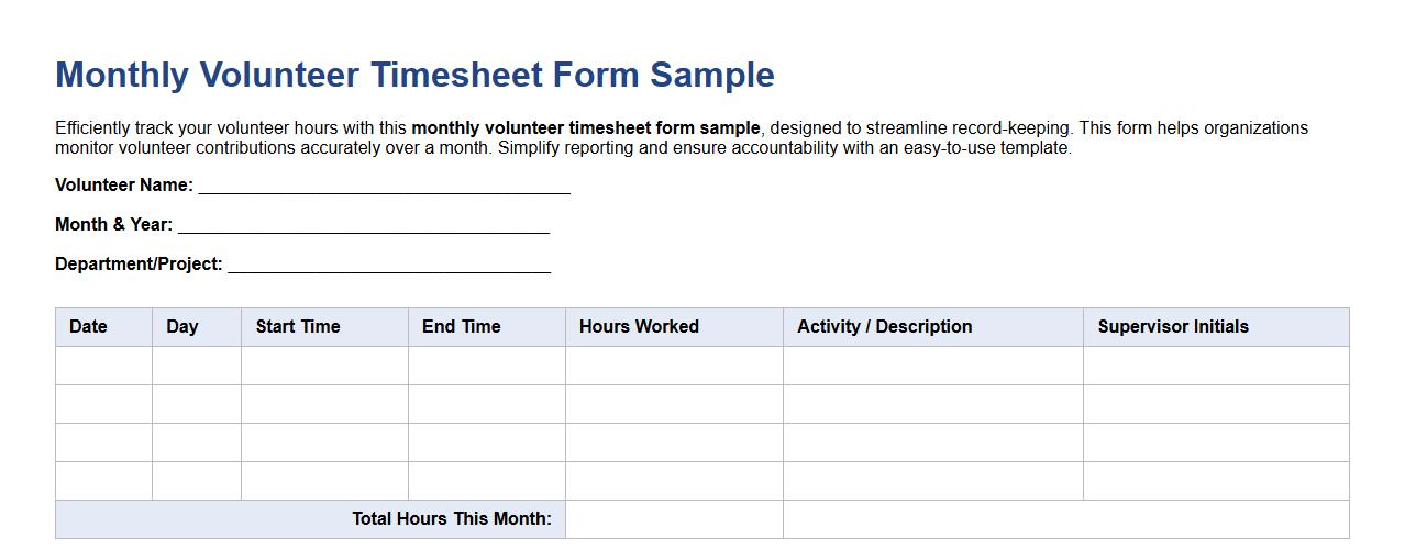 monthly volunteer timesheet form sample image preview