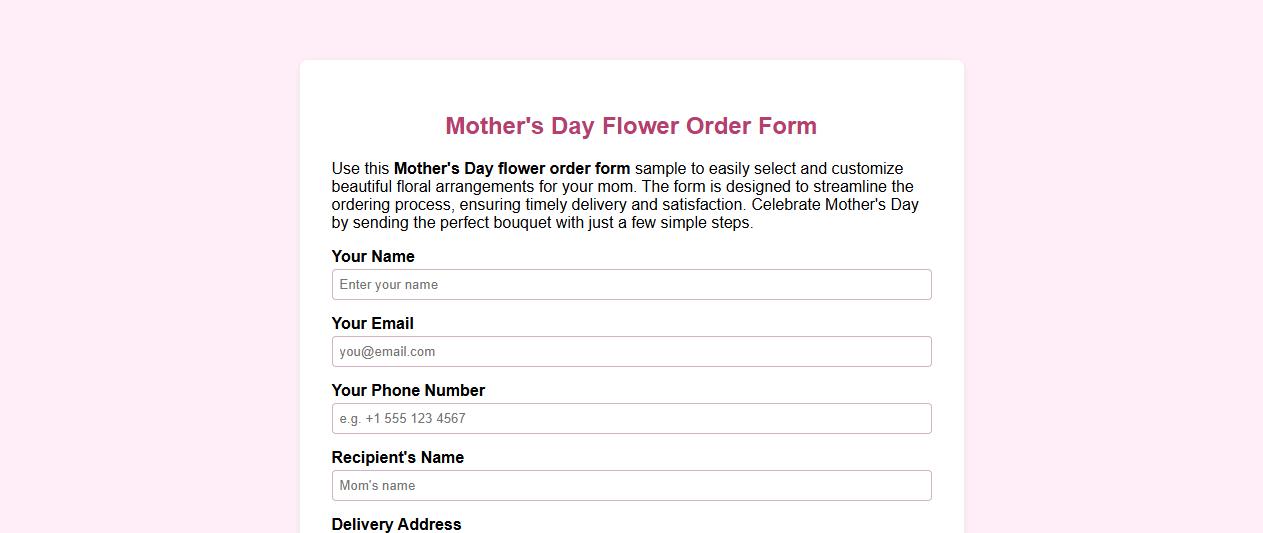Mother's Day flower order form sample image preview