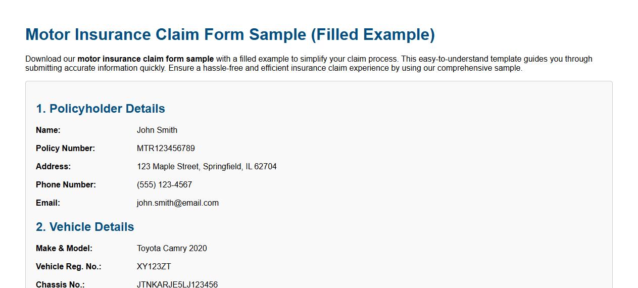 Motor insurance claim form sample with filled example image preview