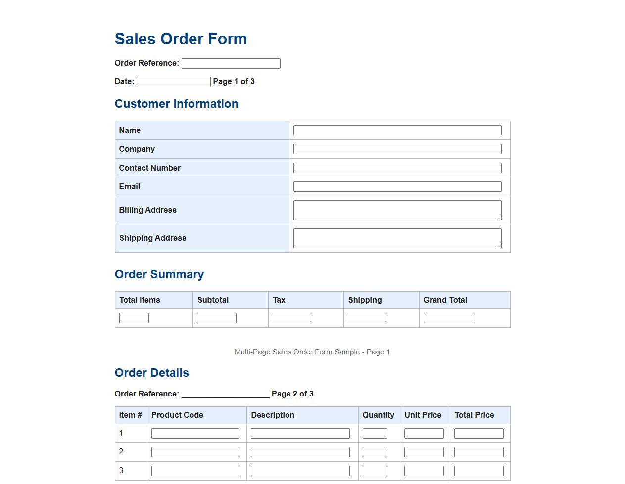 multi-page sales order form sample for large orders image preview