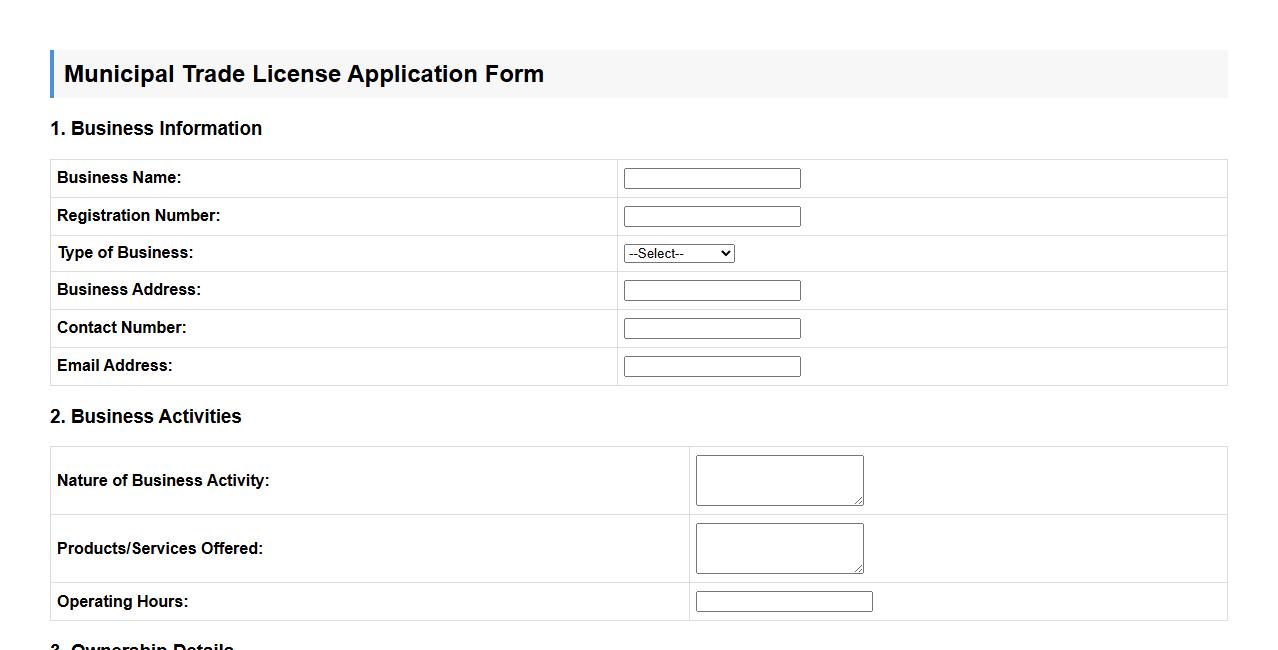 municipal trade license application form sample image preview