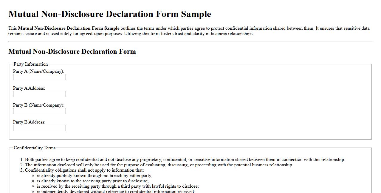 Mutual Non-Disclosure Declaration Form Sample image preview