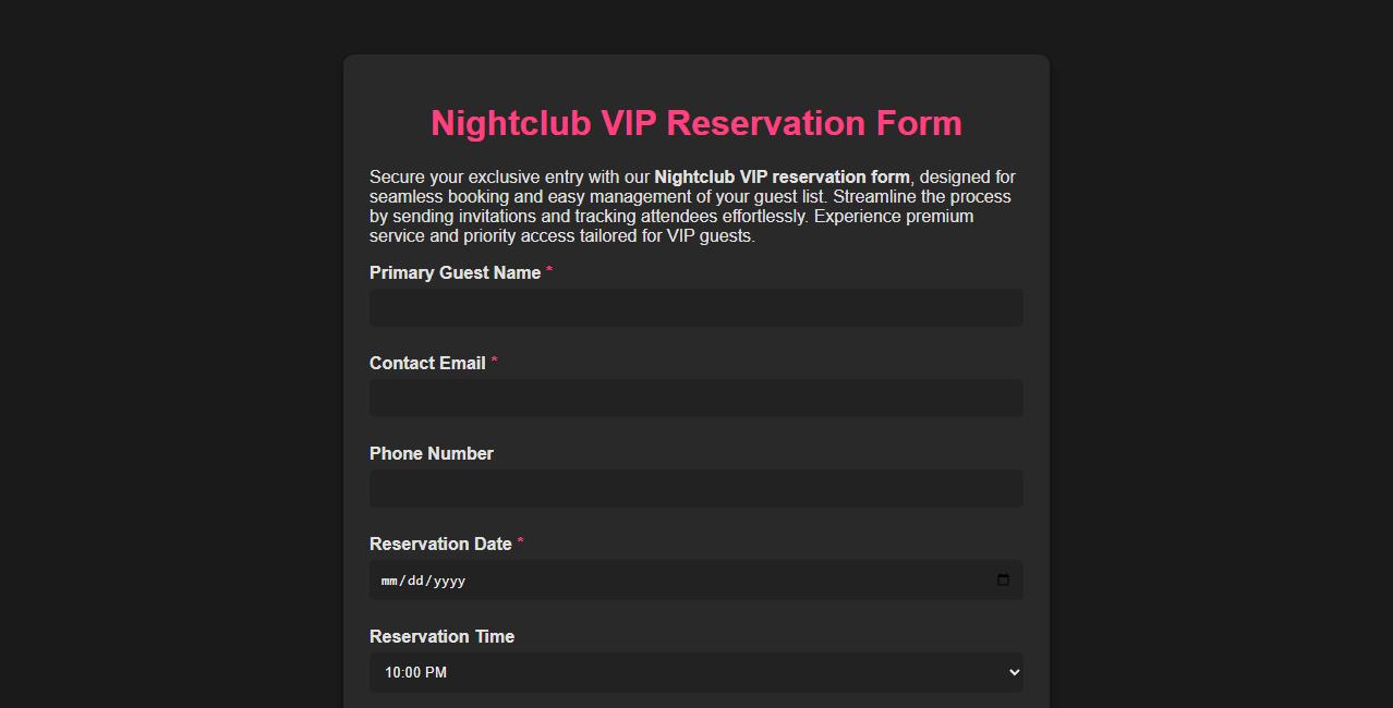 Nightclub VIP reservation form sample with guest list image preview