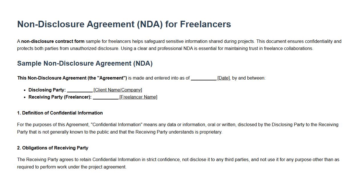 Non-disclosure contract form sample for freelancers image preview