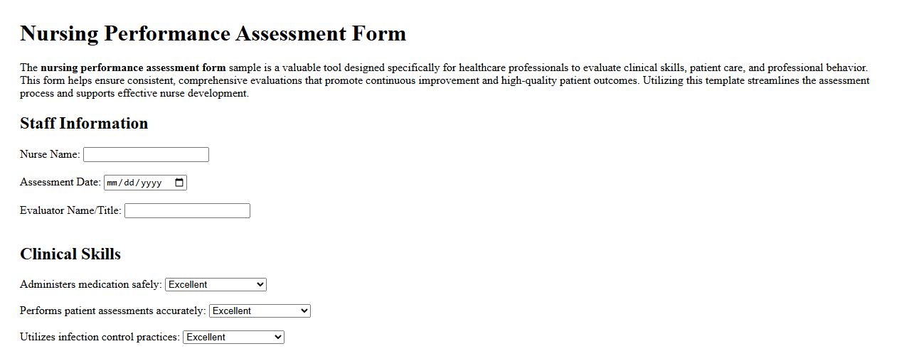 Nursing performance assessment form sample for healthcare professionals image preview
