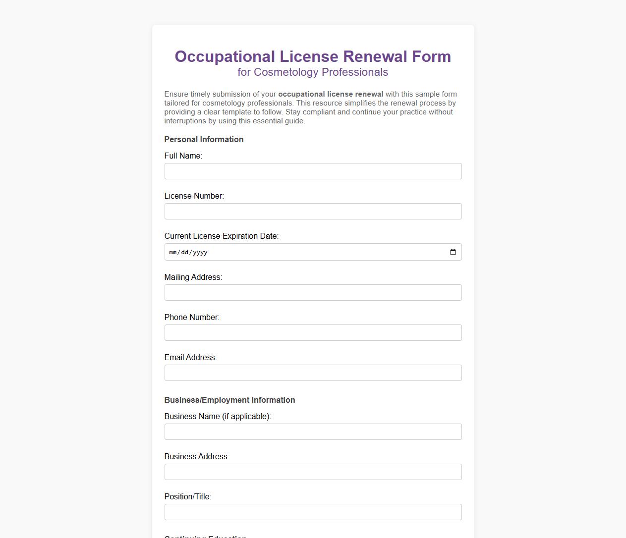 Occupational license renewal form sample for cosmetology image preview