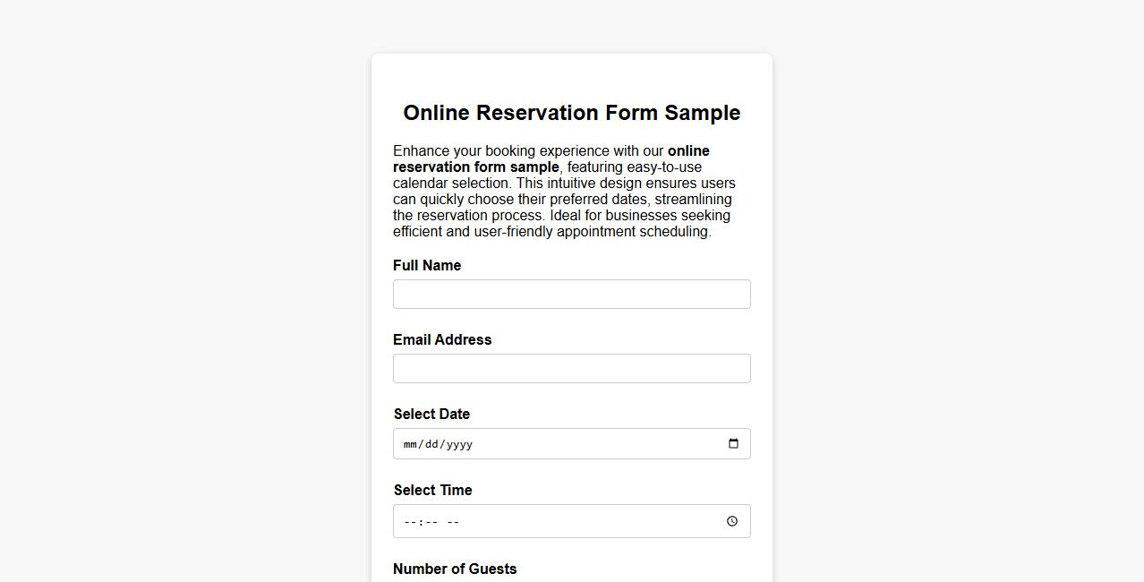 Online reservation form sample with calendar selection image preview