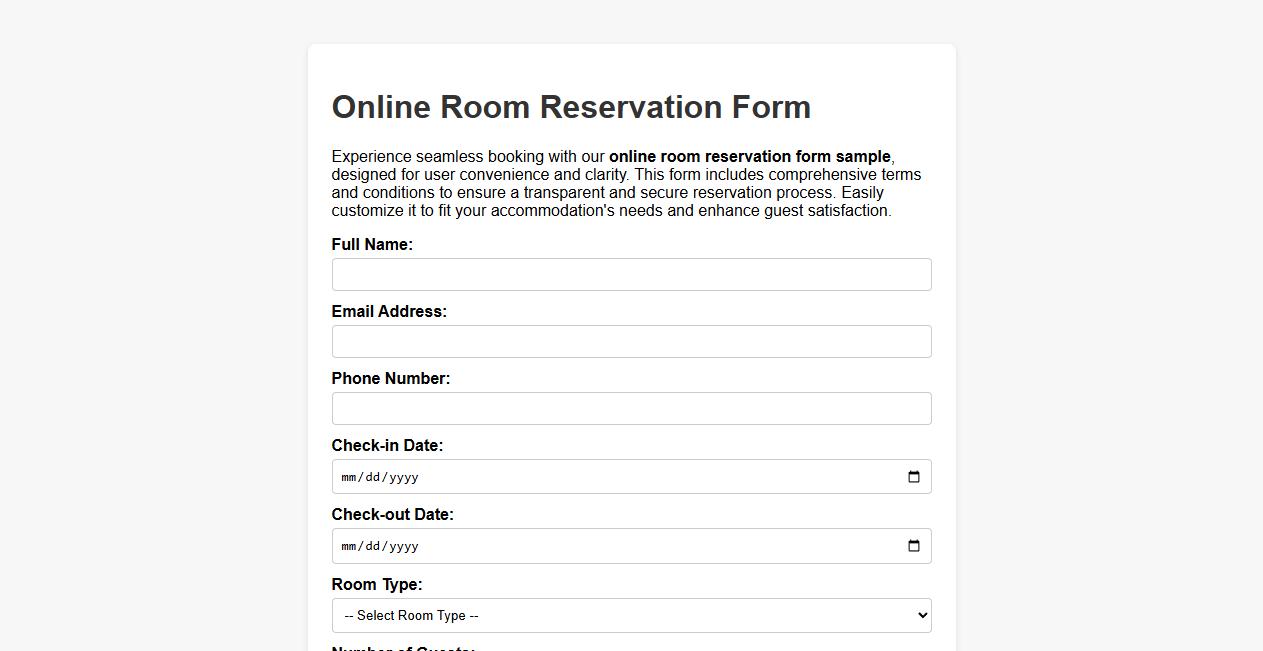 Online room reservation form sample with terms and conditions image preview