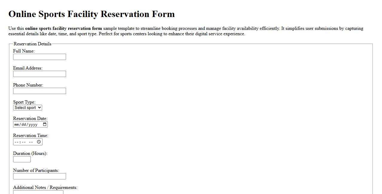 online sports facility reservation form sample template image preview