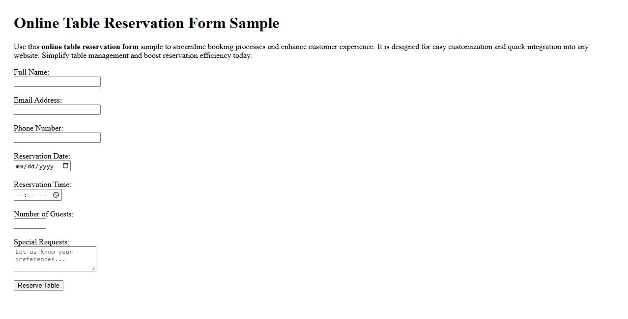 Online table reservation form sample image preview