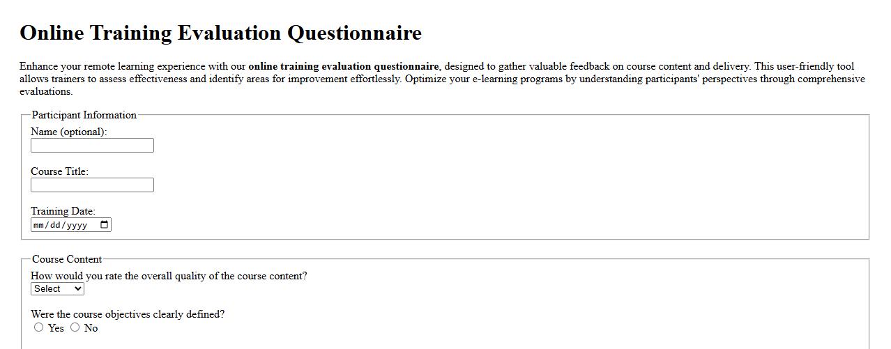 online training evaluation questionnaire for remote learning image preview