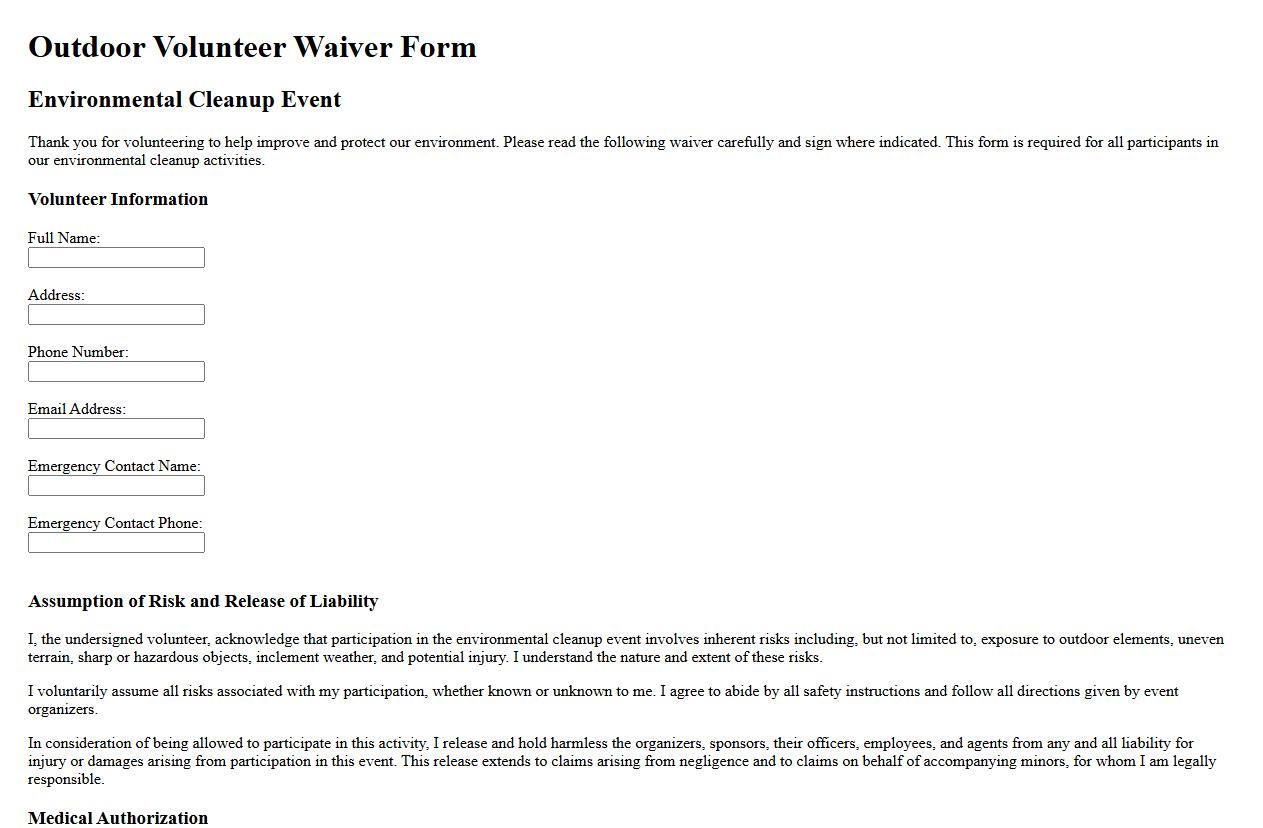 outdoor volunteer waiver form sample for environmental cleanup image preview