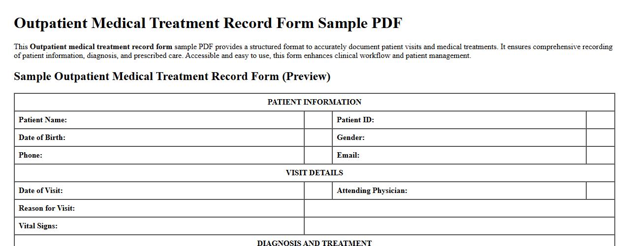 Outpatient medical treatment record form sample PDF image preview