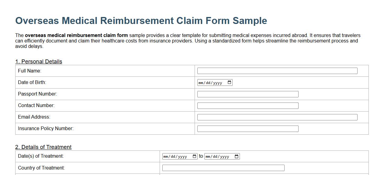 Overseas medical reimbursement claim form sample image preview