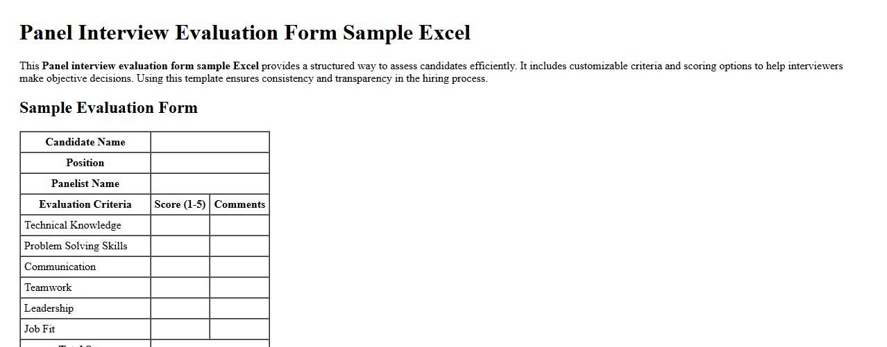 Panel interview evaluation form sample Excel image preview