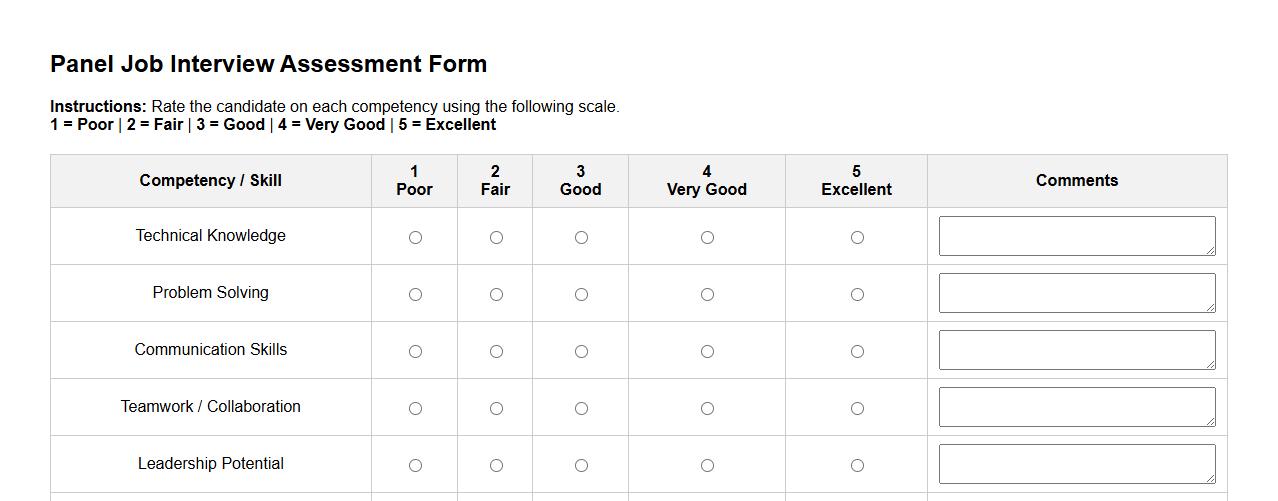 panel job interview assessment form sample with rating scale image preview