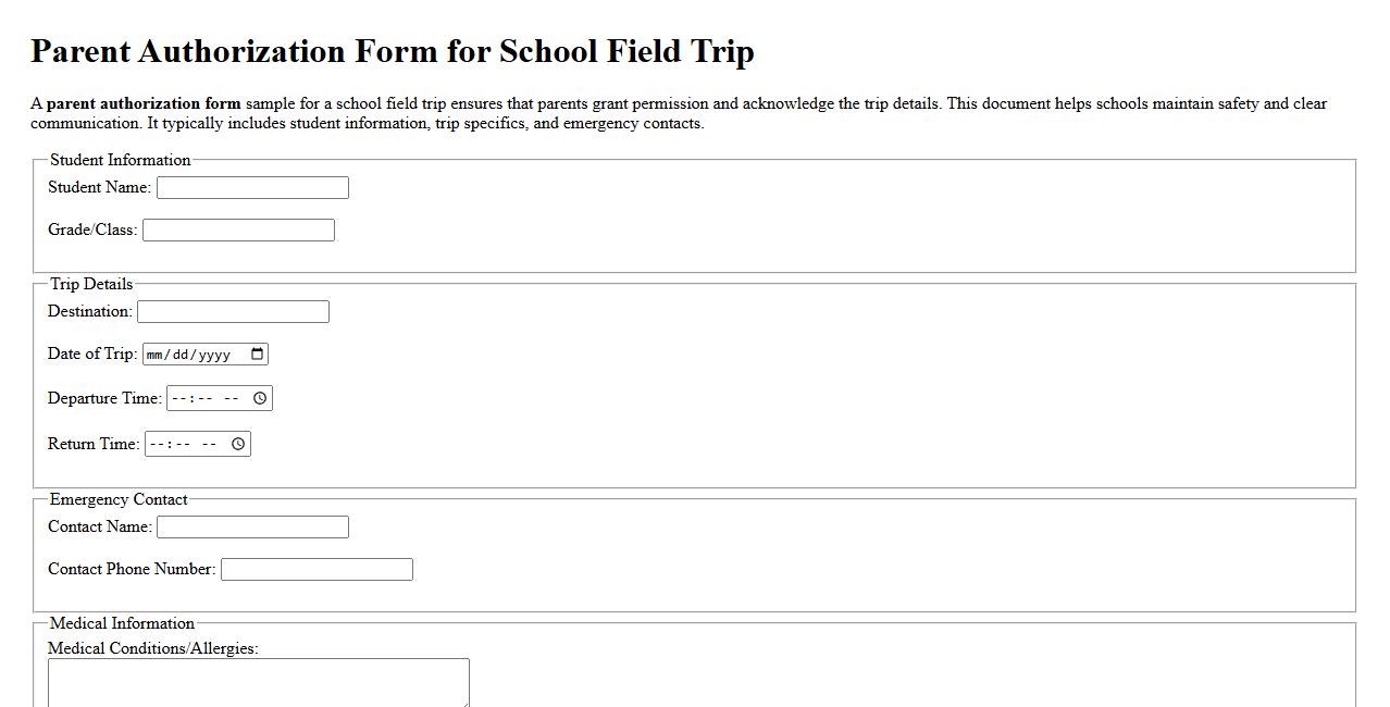 Parent authorization form sample for school field trip image preview