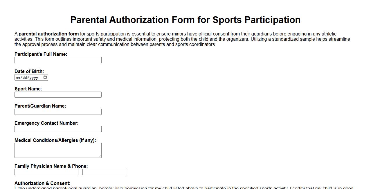Parental authorization form sample for sports participation image preview