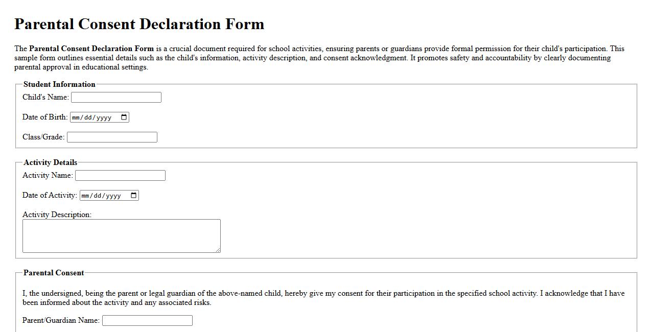 Parental Consent Declaration Form sample for school activities image preview