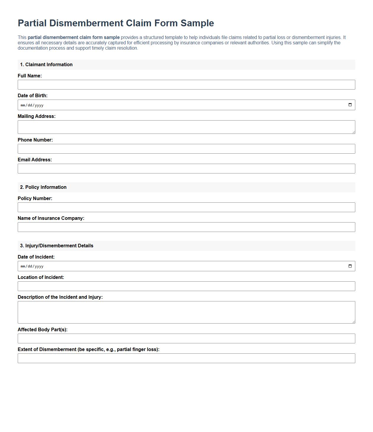 partial dismemberment claim form sample image preview