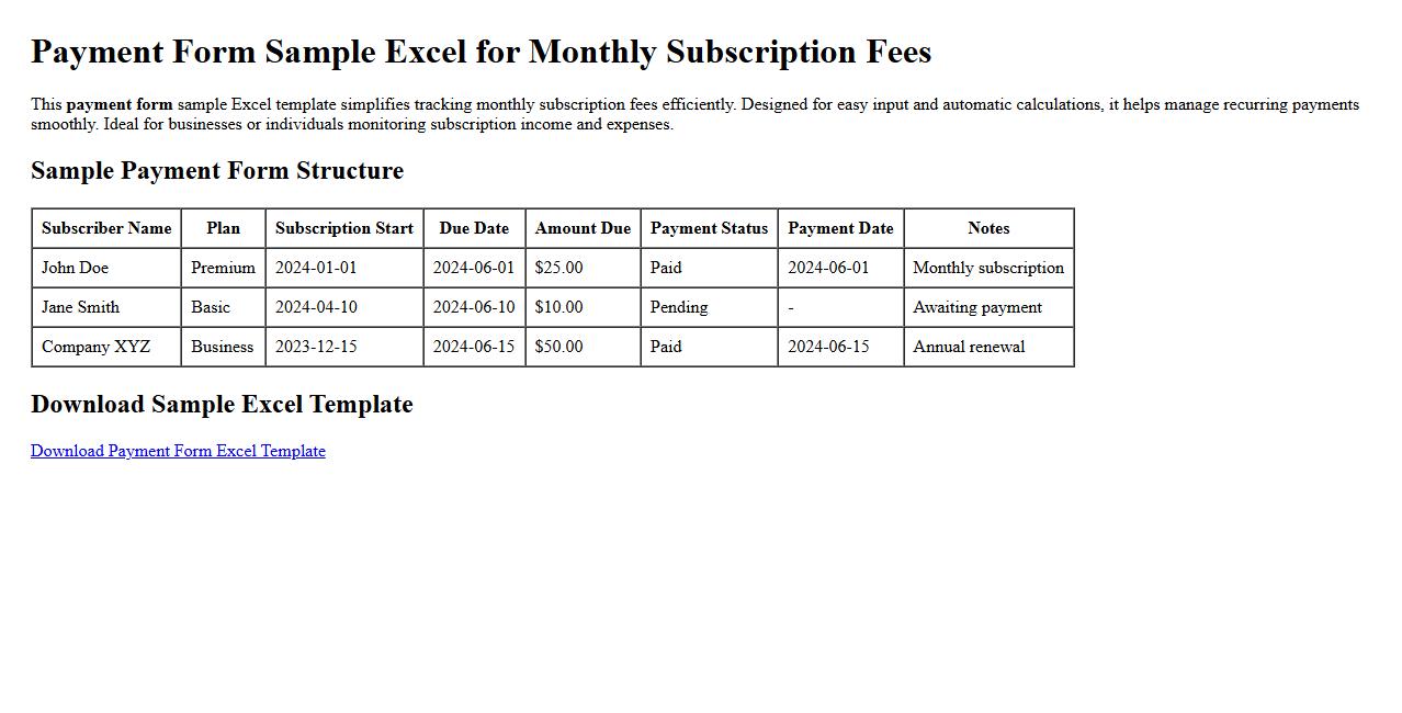 Payment form sample excel for monthly subscription fees image preview