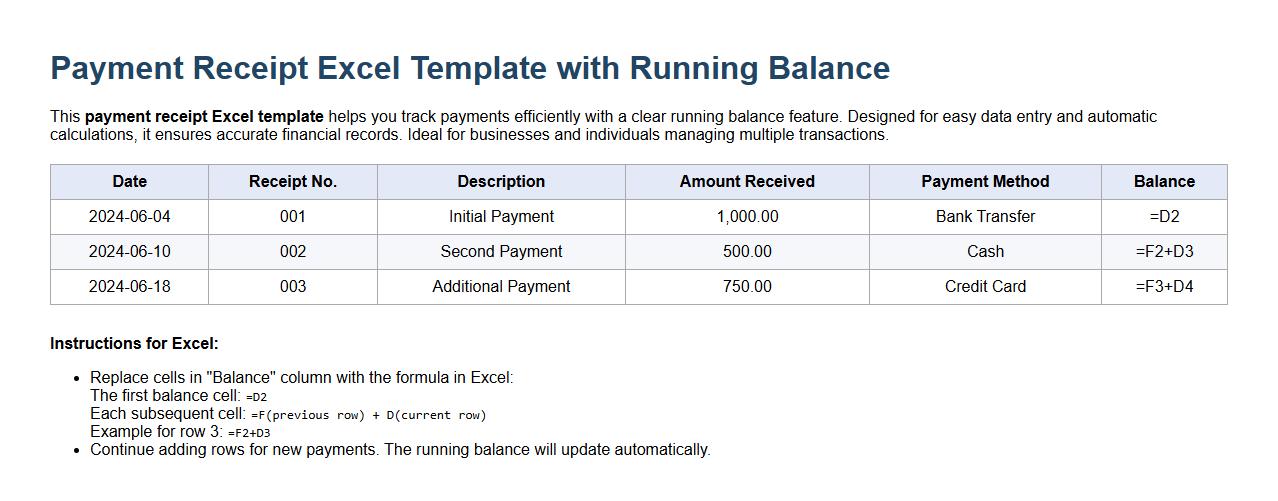 payment receipt excel template with running balance image preview