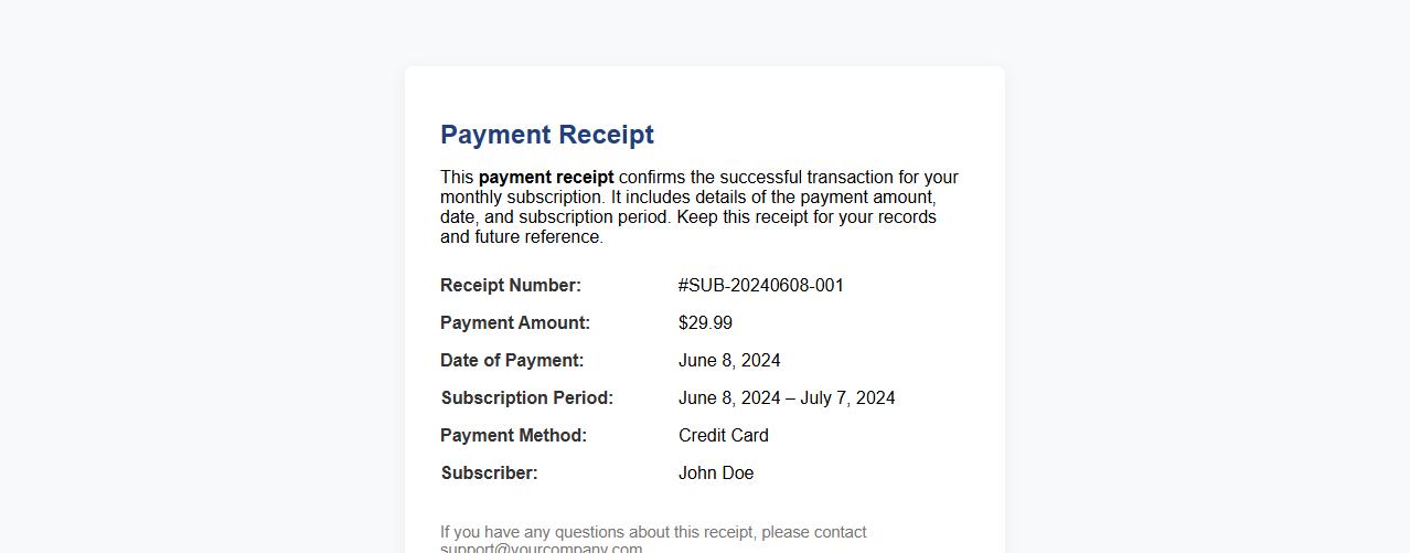 Payment receipt for monthly subscription image preview