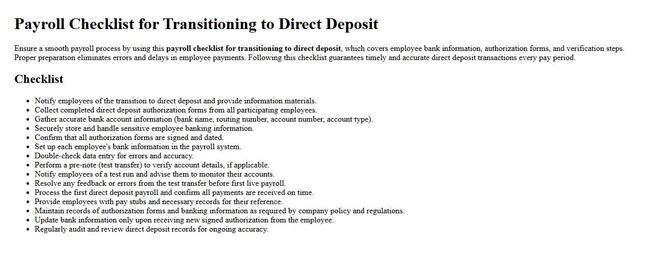 Payroll checklist for transitioning to direct deposit image preview