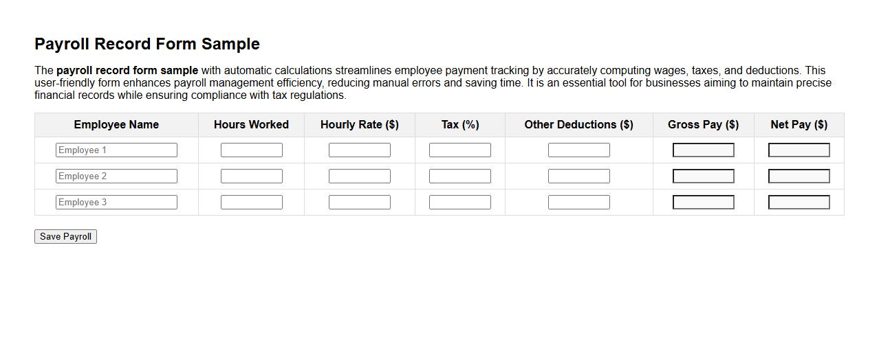payroll record form sample with automatic calculations image preview