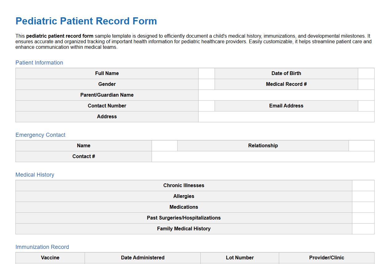 pediatric patient record form sample template image preview