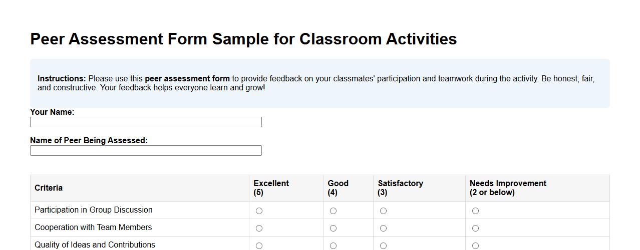 peer assessment form sample for classroom activities image preview