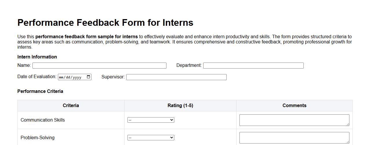 performance feedback form sample for interns image preview