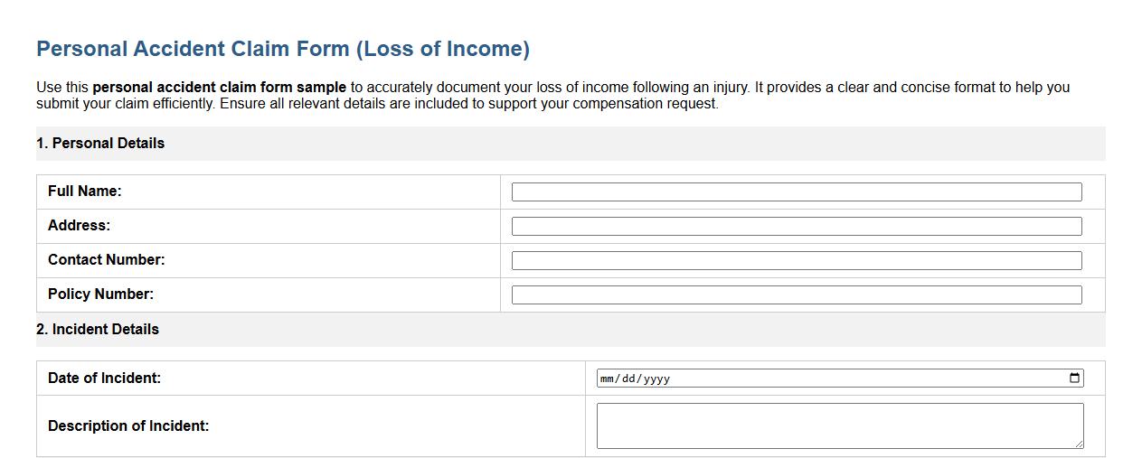 Personal accident claim form sample for loss of income image preview