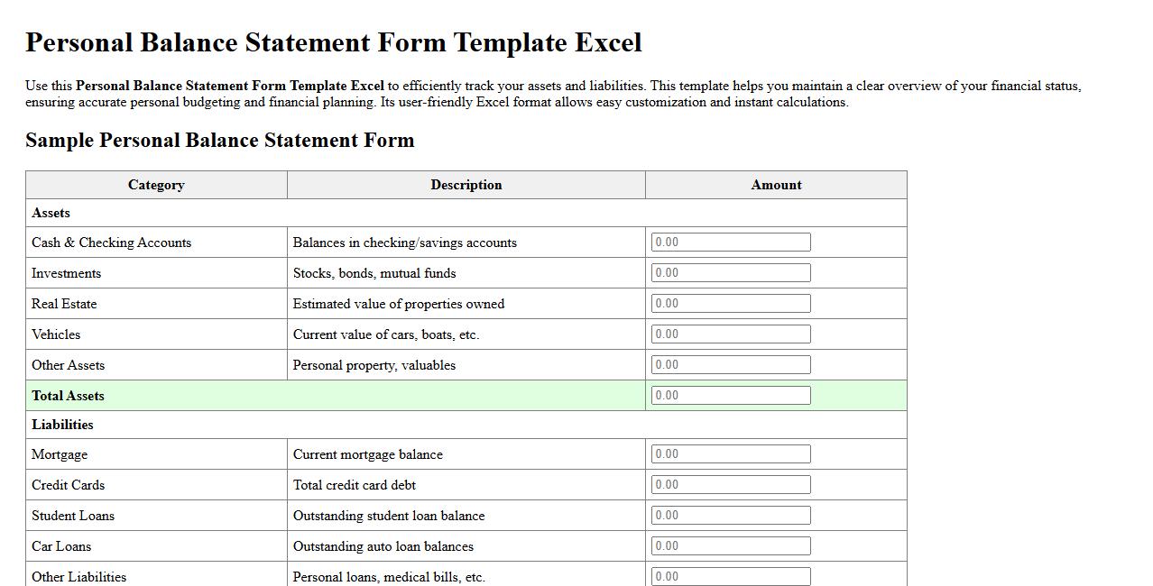 Personal balance statement form template excel image preview