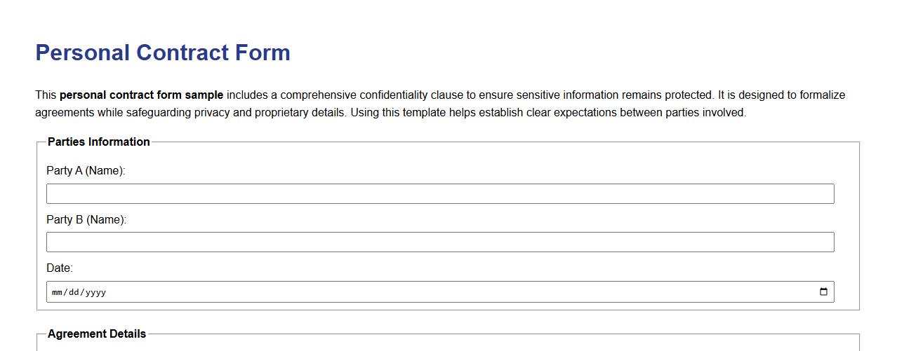 Personal contract form sample with confidentiality clause image preview