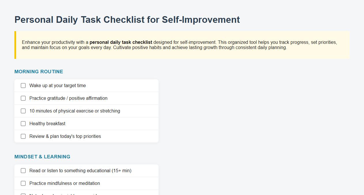 Personal daily task checklist for self-improvement image preview
