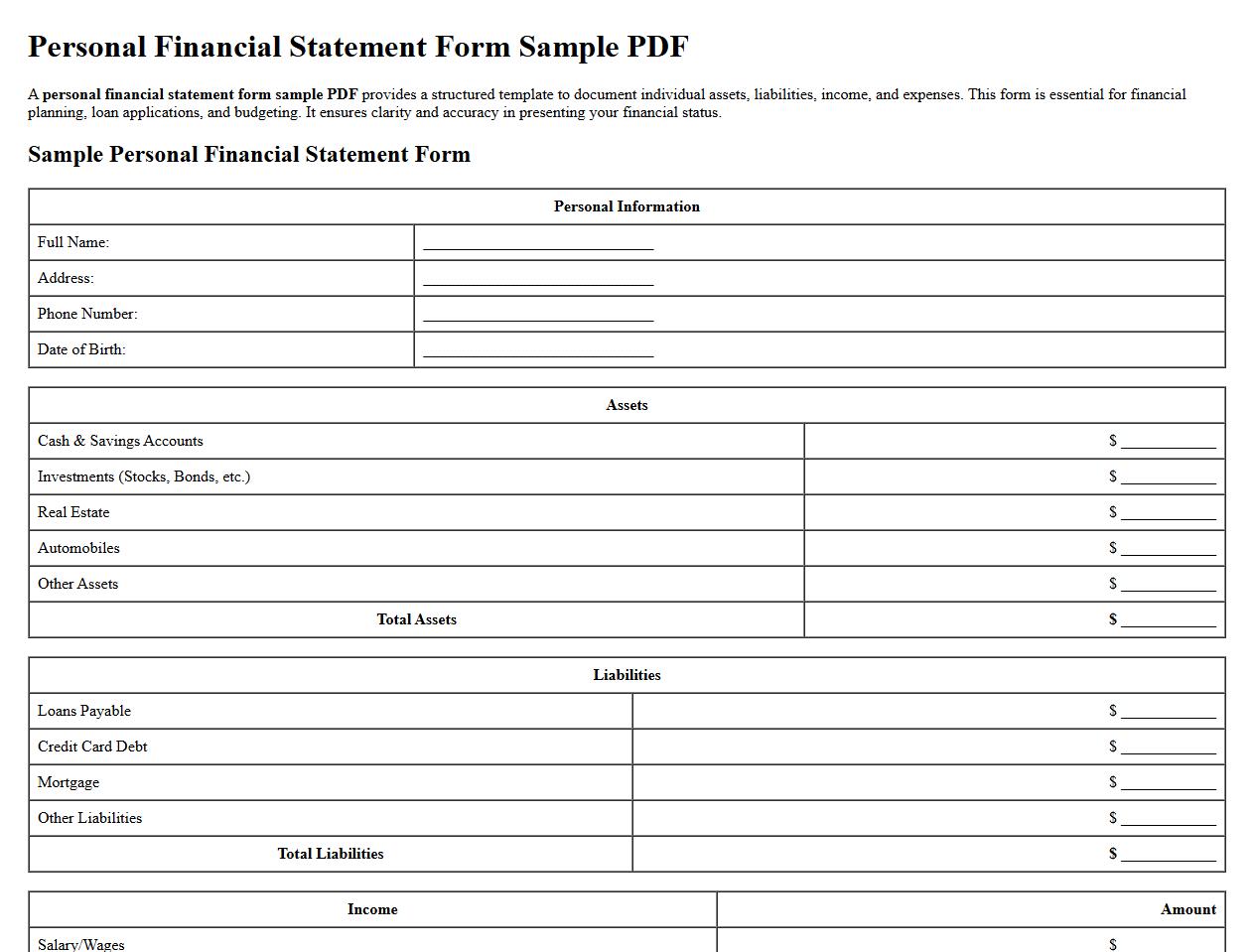 personal financial statement form sample PDF image preview