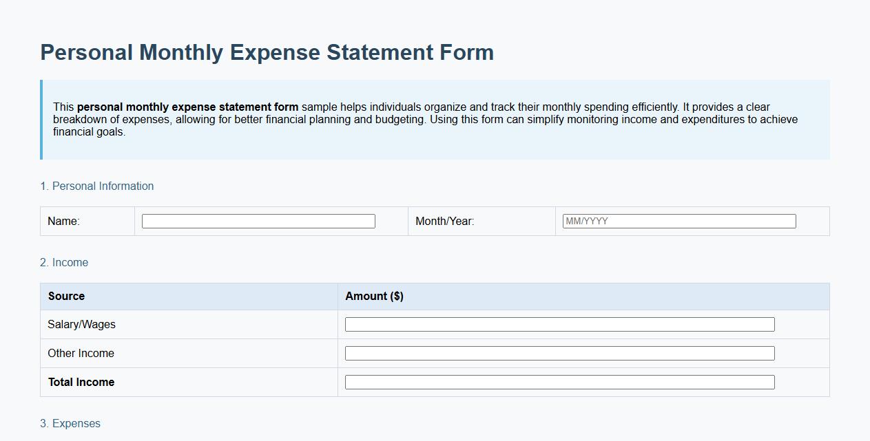 Personal monthly expense statement form sample image preview