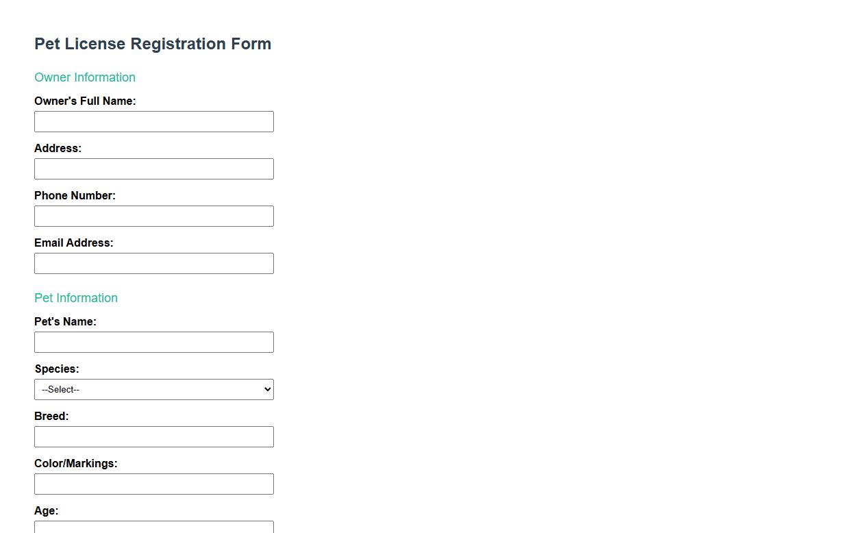 pet license registration form sample with vaccination details image preview