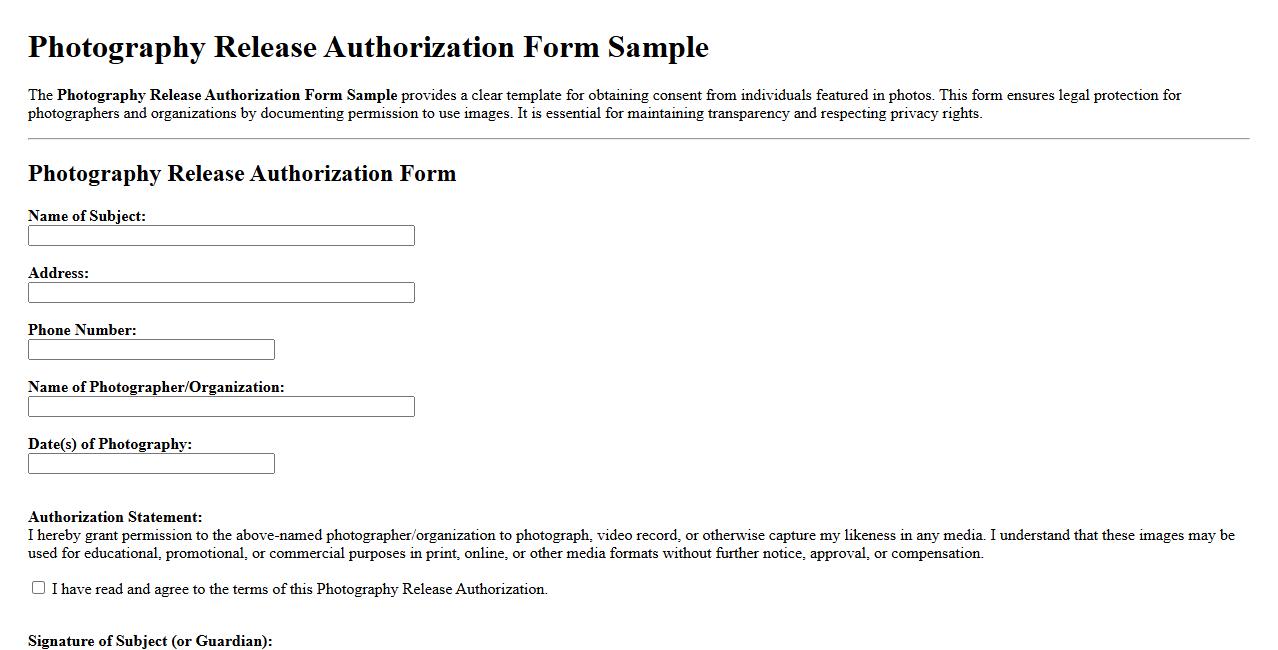 Photography Release Authorization Form Sample image preview